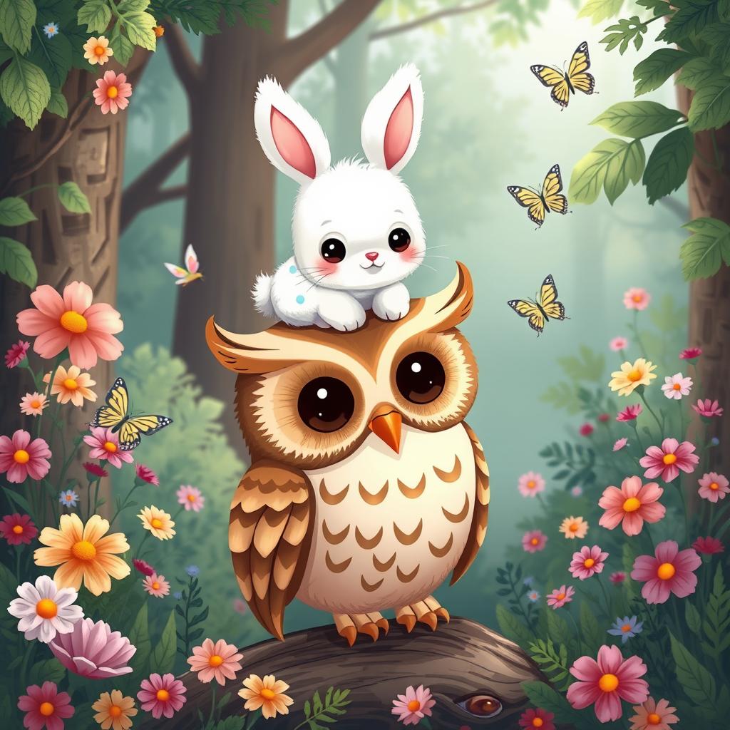 A cute, whimsical illustration of a small, fluffy rabbit with large, round eyes, sitting atop a playful, stylized owl