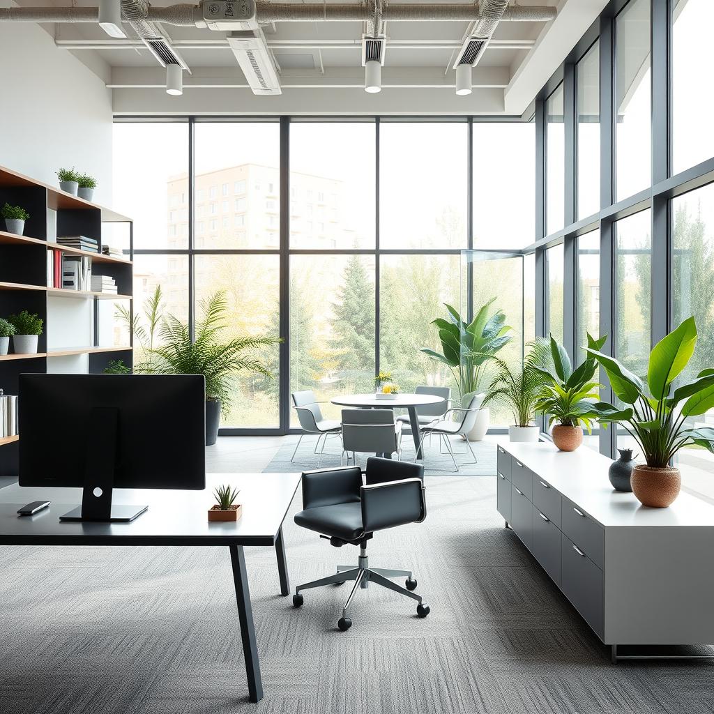 A modern office environment featuring sleek furniture, large windows allowing natural light to pour in, and contemporary decor