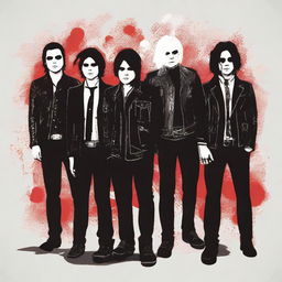 Generate an image illustrating the band My Chemical Romance, showcasing them captured in an intense performance or in a stylized band portrait.