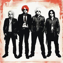 Generate an image illustrating the band My Chemical Romance, showcasing them captured in an intense performance or in a stylized band portrait.