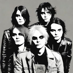 Generate an image illustrating the band My Chemical Romance, showcasing them captured in an intense performance or in a stylized band portrait.