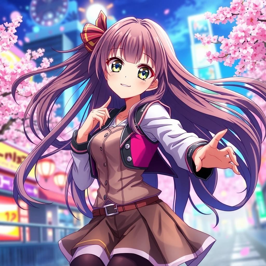 A beautiful anime girl with long flowing hair, bright expressive eyes, and a playful smile