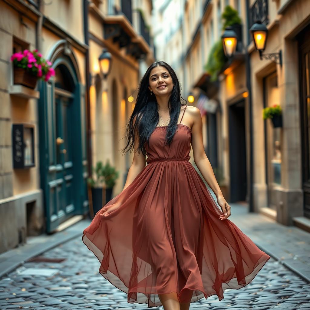A young woman with long black hair walking through a charming alley in Paris, wearing a beautiful flowy dress