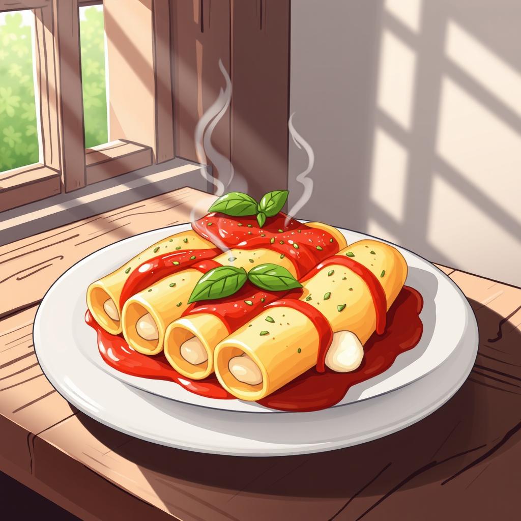A whimsical and vibrant illustration of a plate filled with cheesy cannelloni, each piece generously overflowing with gooey mozzarella
