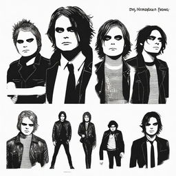 Generate an image illustrating the band My Chemical Romance, showcasing them captured in an intense performance or in a stylized band portrait.