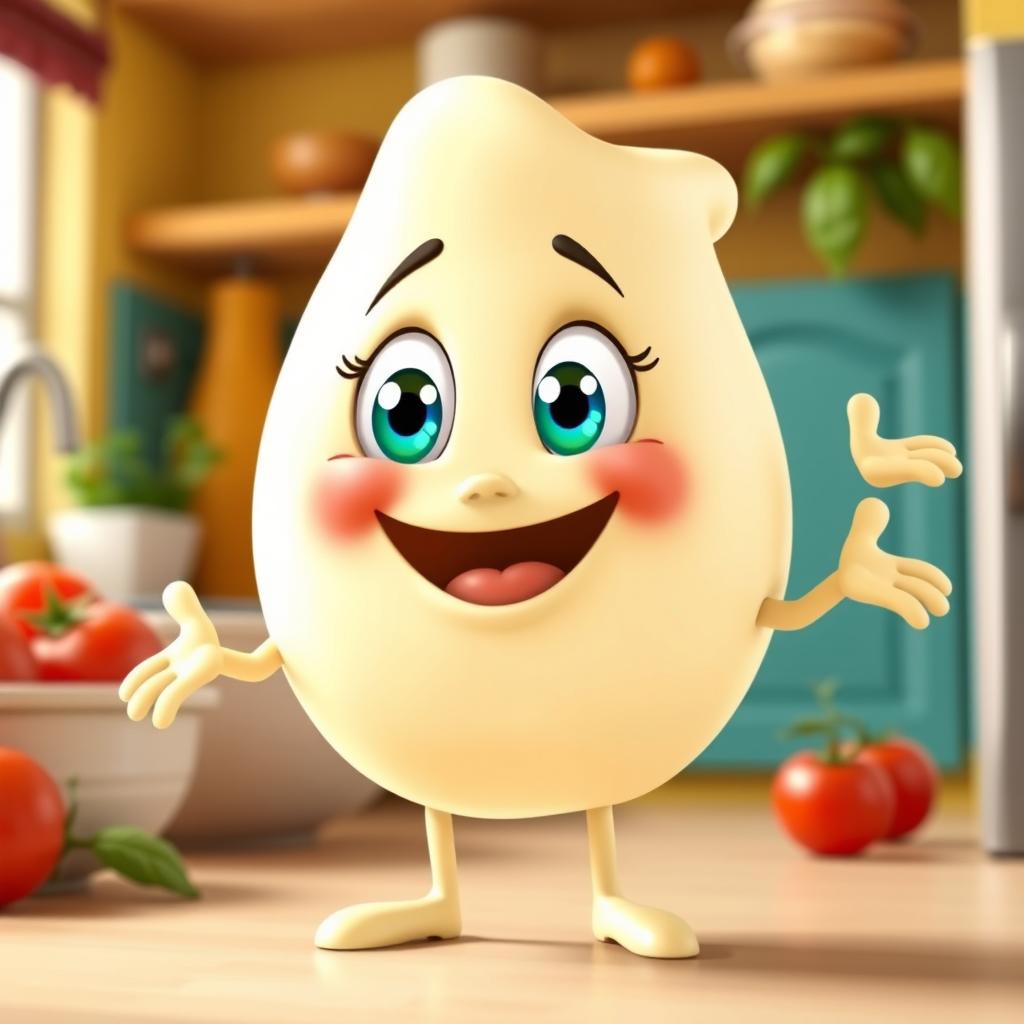 A whimsical cartoon character of a mozzarella cheese with limbs and a cheerful face