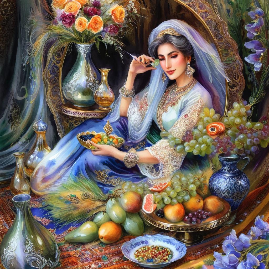 Mystical and spiritual watercolor painting of a beautiful Iranian woman sitting indoors, next to a table with fruit and grape dishes, traditional vases and colorful flowers, Eid greenery, traditional mirror, beautiful candles, small sweets in beautiful dishes, Iranian Nowruz table, Iranian silk carpet, green wheat ears in a traditional jar