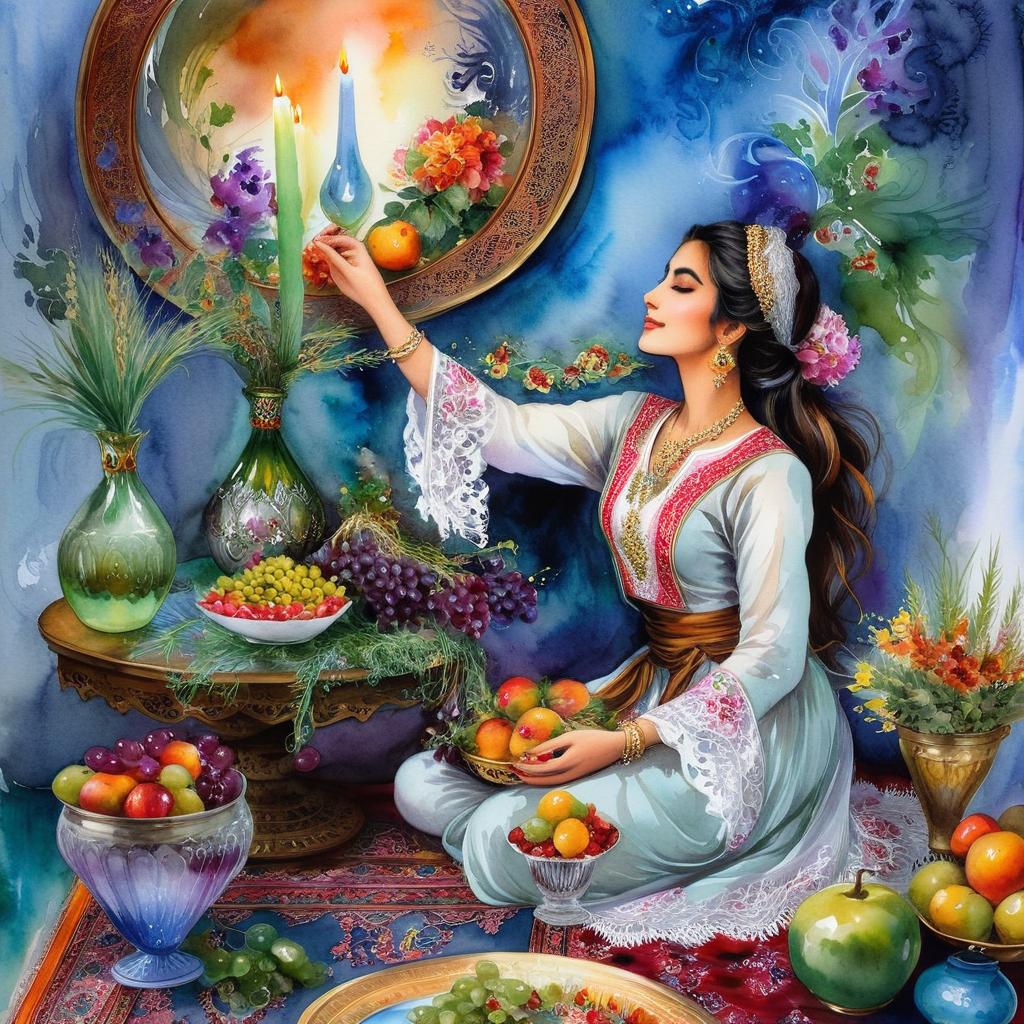 Mystical and spiritual watercolor painting of a beautiful Iranian woman sitting indoors, next to a table with fruit and grape dishes, traditional vases and colorful flowers, Eid greenery, traditional mirror, beautiful candles, small sweets in beautiful dishes, Iranian Nowruz table, Iranian silk carpet, green wheat ears in a traditional jar
