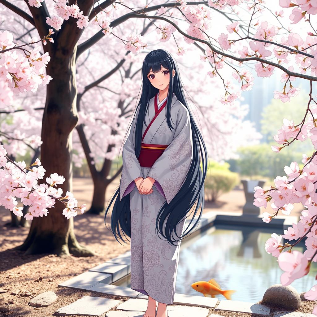 A beautiful Japanese girl standing in a tranquil garden, surrounded by cherry blossom trees in full bloom