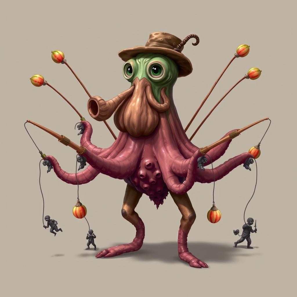 An imaginative character design featuring an Italian brain rot creature, with the body of a surreal drying loft