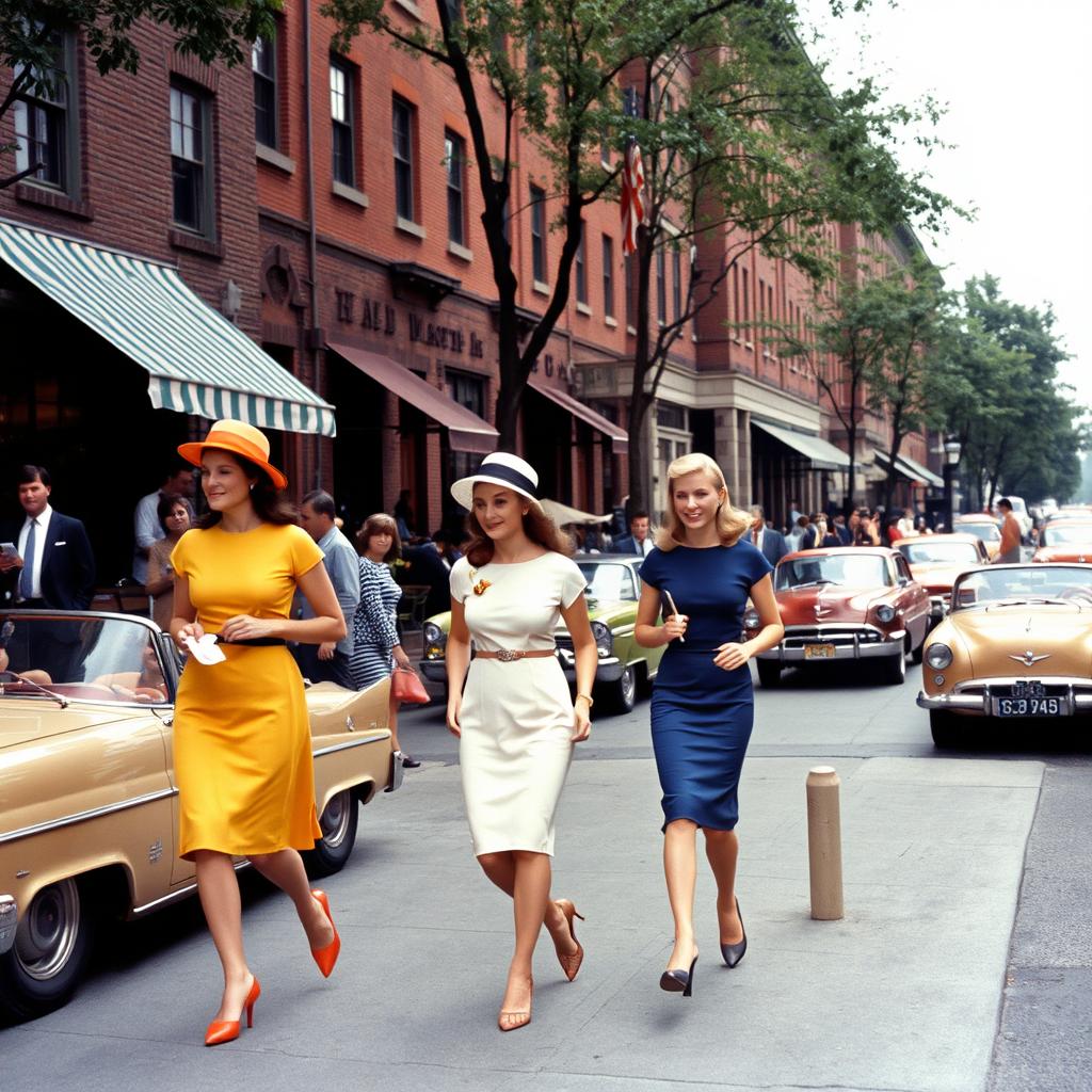A scene set in the 1960s showcasing women walking elegantly down a street in Boston