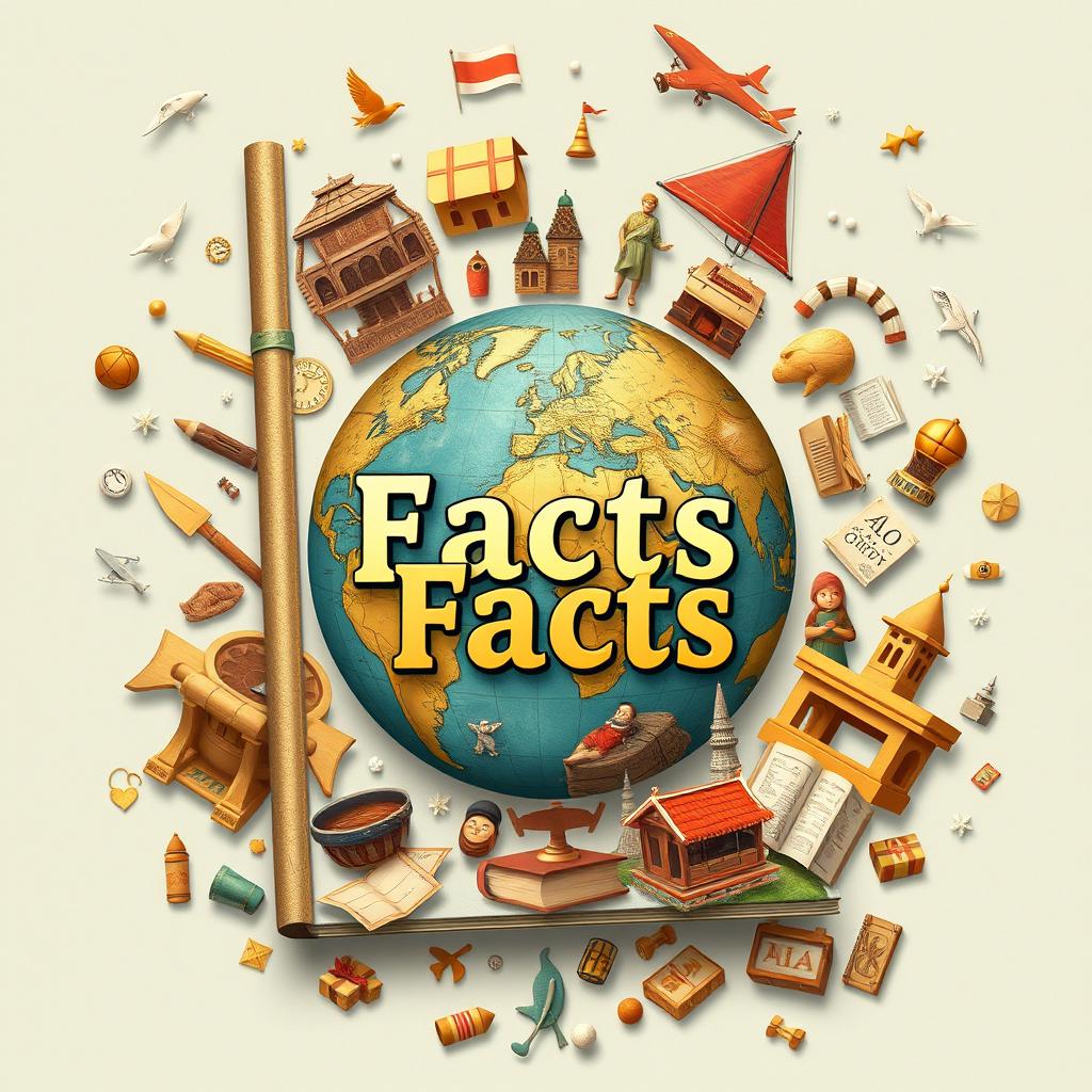 Did you know that many people are curious about historical facts and trivia that can surprise and engage them? A beautifully illustrated book cover showing various fun facts scattered around a globe, surrounded by vintage maps, ancient artifacts, and whimsical icons representing different cultures and achievements