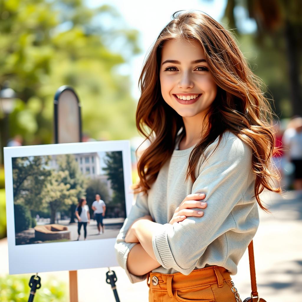 A beautiful girl with wavy brown hair, 19 years old, wearing casual everyday clothes, standing next to a photograph