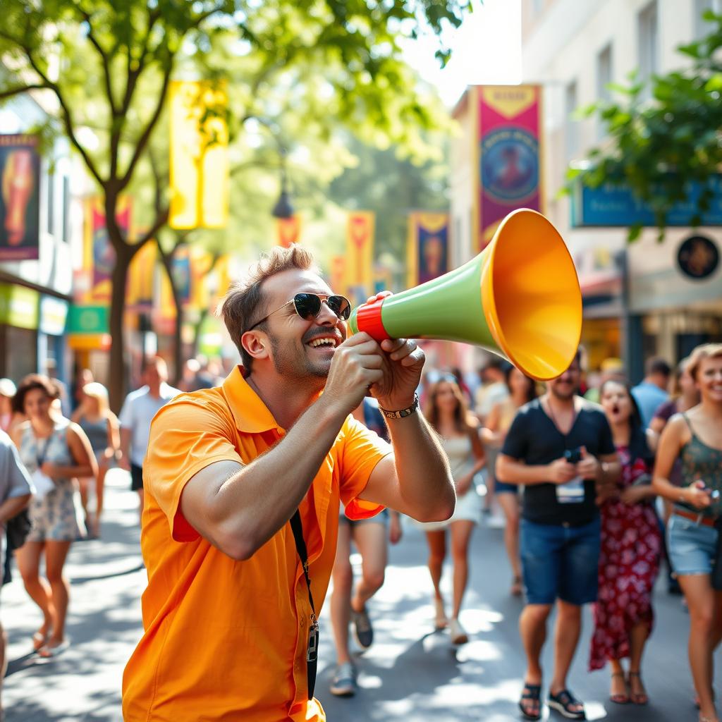 A vibrant street scene featuring a man joyfully honking a large, colorful horn while smiling