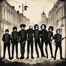 Create an artwork for My Chemical Romance's album 'The Black Parade', featuring iconic imagery such as a black parade, gothic elements, and the band members.