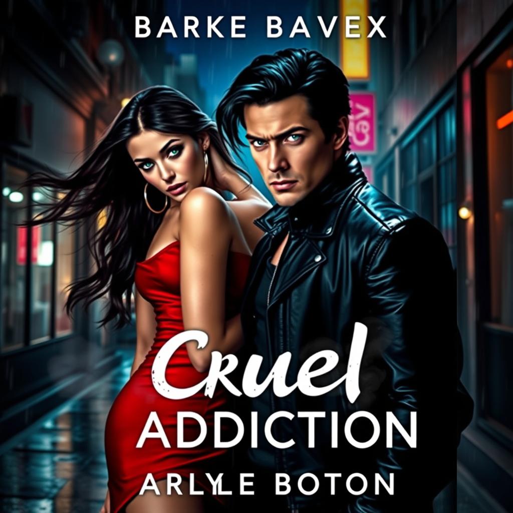 A dark romance novel cover titled 'Cruel Addiction', featuring a brooding male protagonist with dark hair and piercing green eyes, standing in a dimly lit alley against a backdrop of rainy, neon-drenched city streets