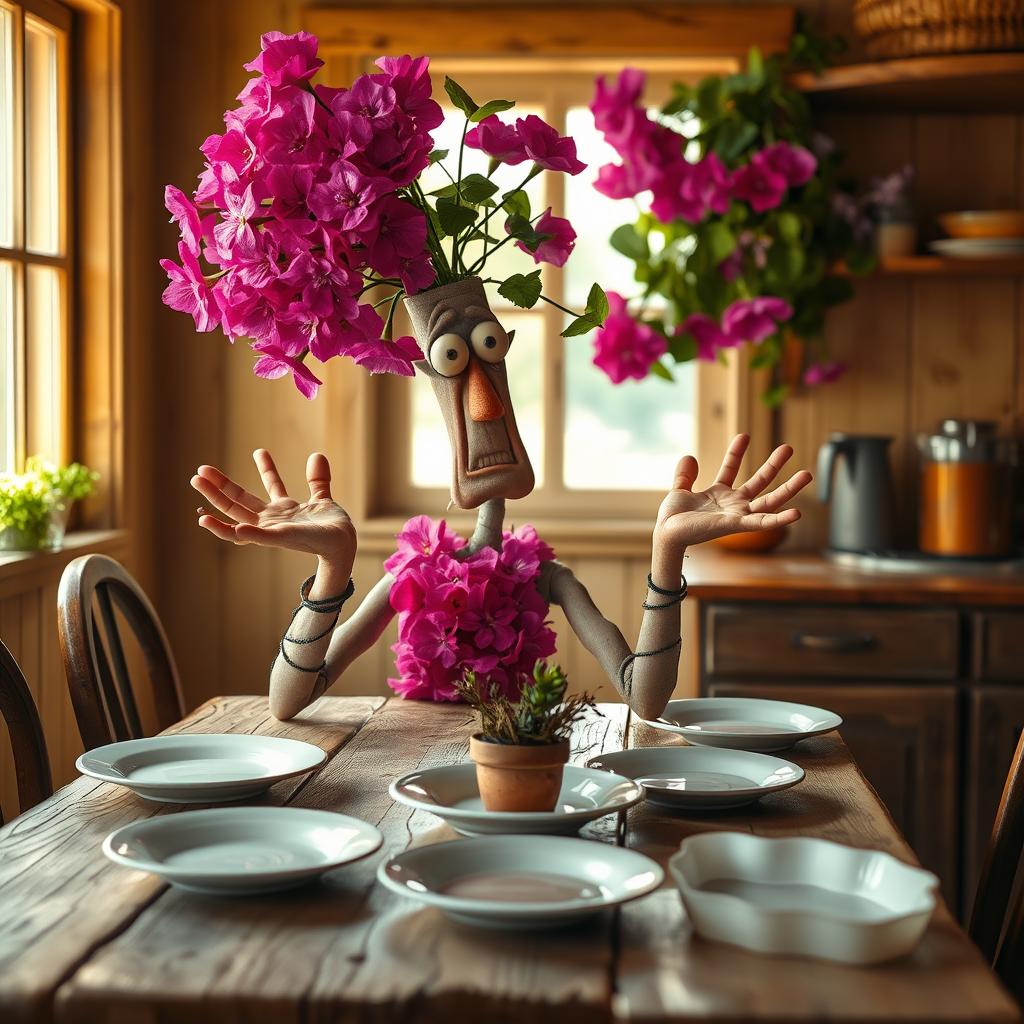 A surreal scene featuring a whimsical bougainvillea man, with vibrant pink and purple petals as his hair and clothing, looking distressed as he sits at a rustic wooden table