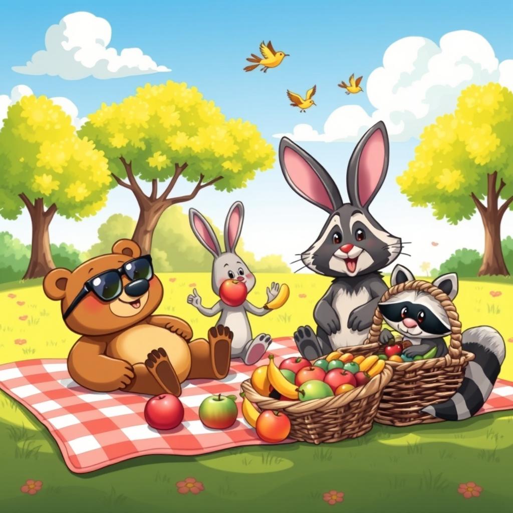 A whimsical and colorful cartoon scene featuring a comical group of animals having a picnic in a sunny park