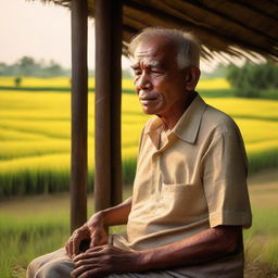 An older man on his porch, immersed in the sight of the sun setting over golden rice fields, photographed with a standard lens on a digital mirrorless camera, emphasizing natural colors and textures.