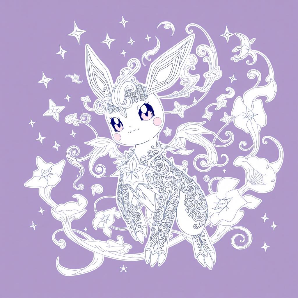 A mystical lineart illustration of a Pokemon, featuring intricate designs that blend elements of fantasy and magic, with ethereal patterns surrounding the creature