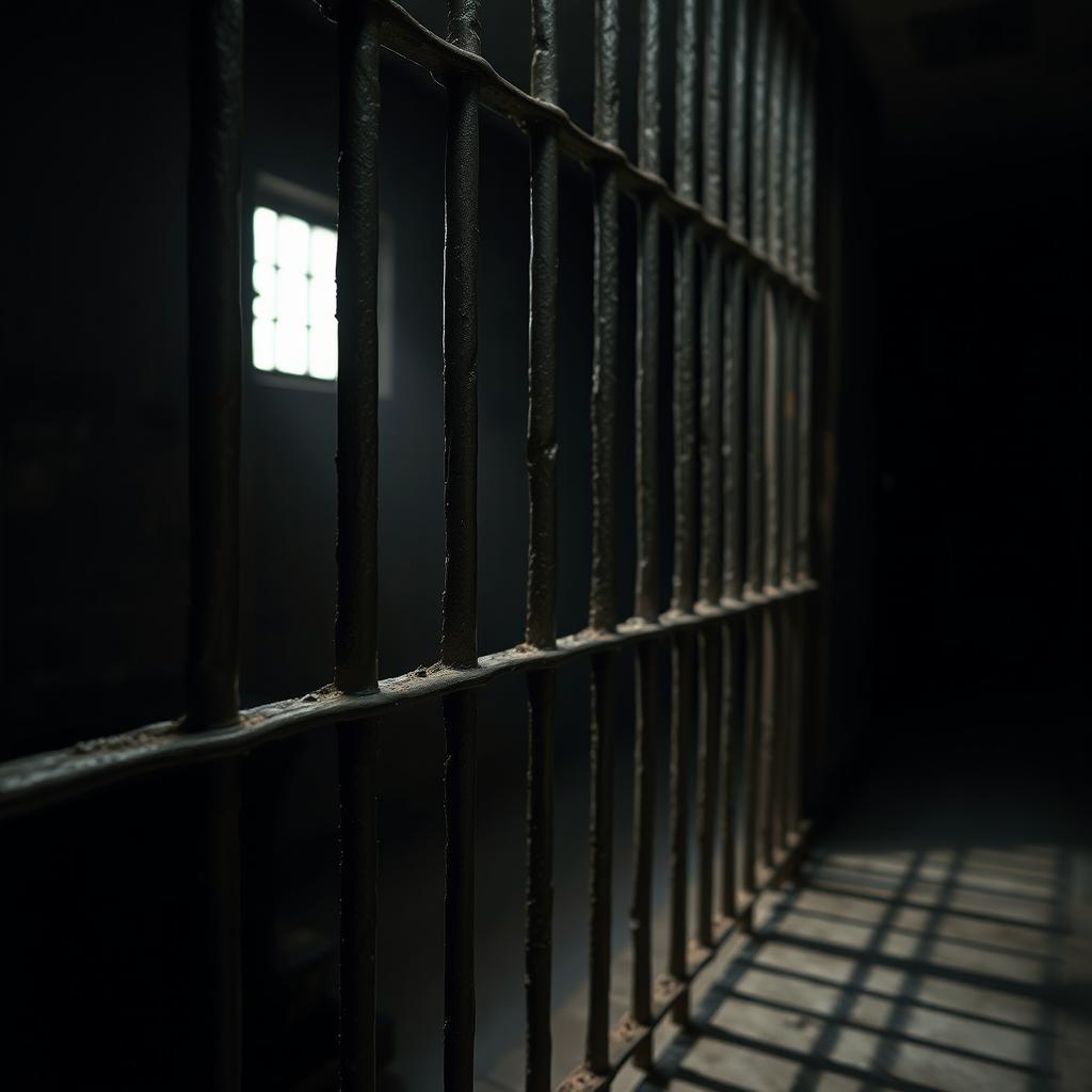 A dark, eerie prison cell featuring thick, imposing prison bars