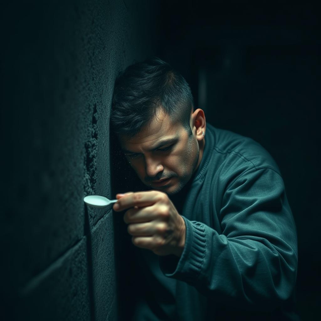 A prison scene featuring a solitary prisoner of Caucasian descent, quietly digging behind his bed with a plastic spoon