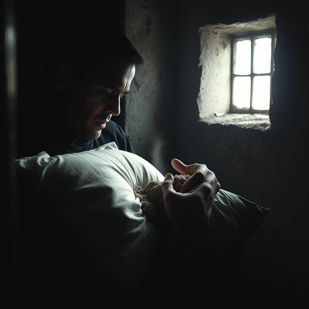 In a dim, shadowy prison cell, a solitary prisoner cautiously hides fine dust within his worn, tattered pillow after digging a clandestine hole