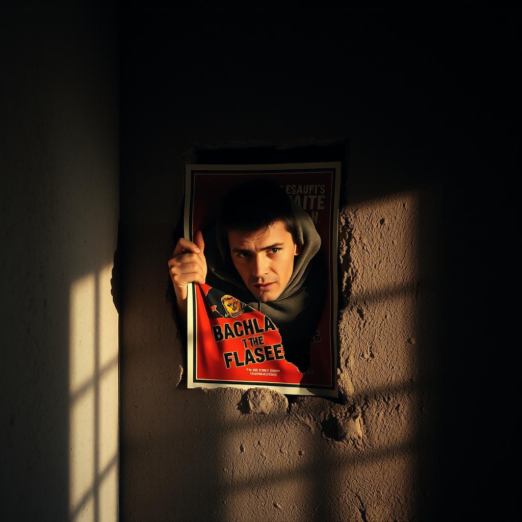 A colorful poster is hastily being placed over a hole in a gritty wall