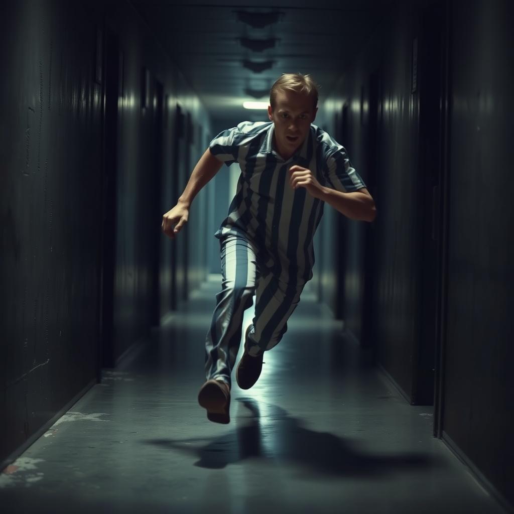 A prisoner urgently running through a dark and narrow corridor