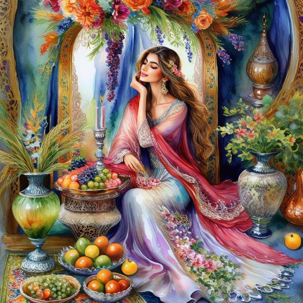 Mystical and spiritual watercolor painting of a beautiful Iranian woman sitting indoors, next to a table with fruit and grape dishes, traditional vases and colorful flowers, Eid greenery, traditional mirror, beautiful candles, small sweets in beautiful dishes, Iranian Nowruz table, Iranian silk carpet, green wheat ears in a traditional jar