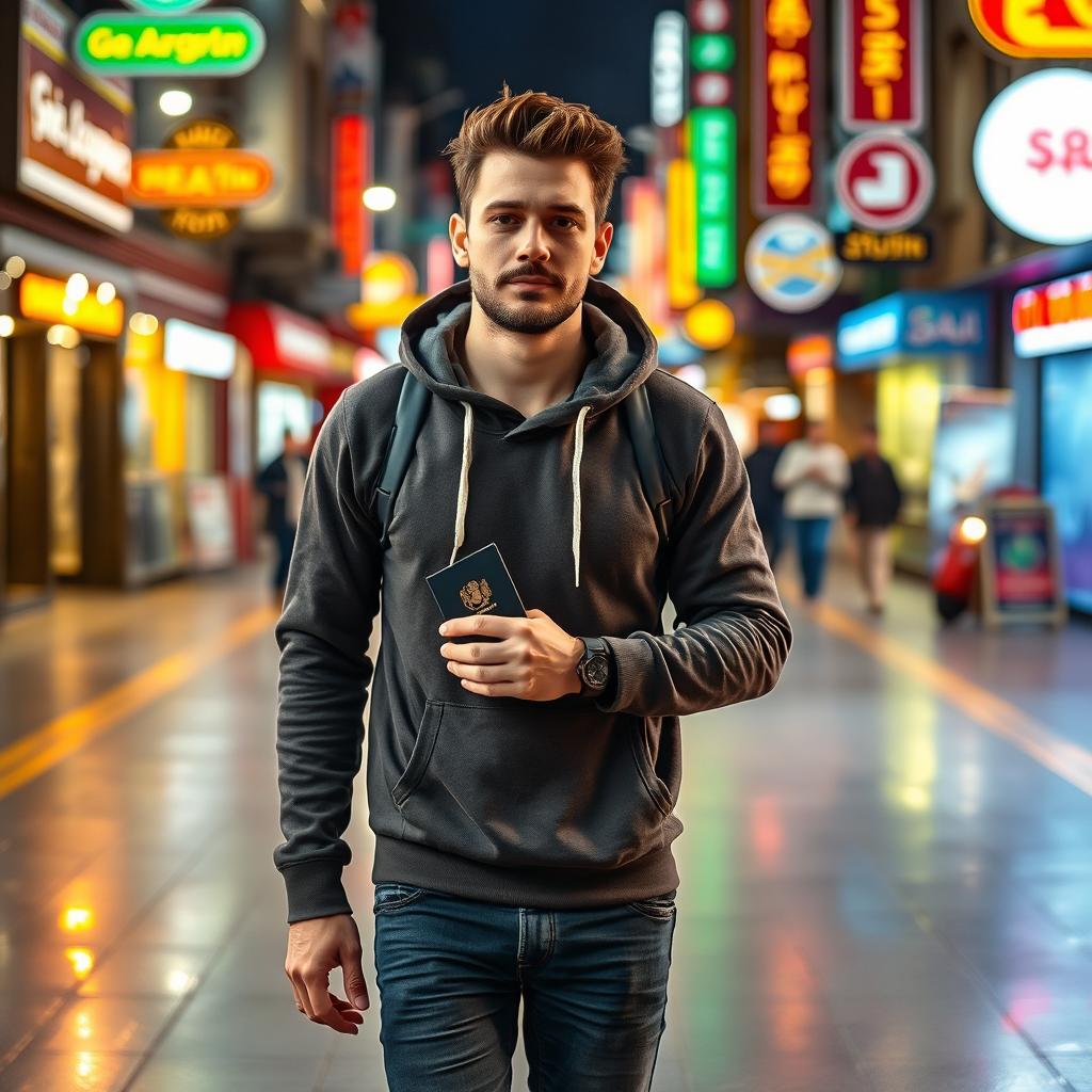 A man in a stylish hoodie confidently walking through a vibrant foreign street, holding a foreign passport in his hand