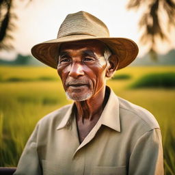 An older man on his porch, immersed in the sight of the sun setting over golden rice fields, photographed with a standard lens on a digital mirrorless camera, emphasizing natural colors and textures.