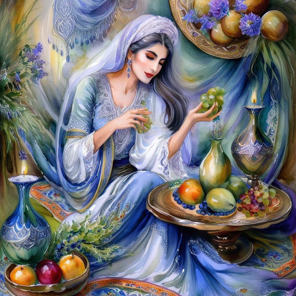 Mystical and spiritual watercolor painting of a beautiful Iranian woman sitting indoors, next to a table with fruit and grape dishes, traditional vases and colorful flowers, Eid greenery, traditional mirror, beautiful candles, small sweets in beautiful dishes, Iranian Nowruz table, Iranian silk carpet, green wheat ears in a traditional jar