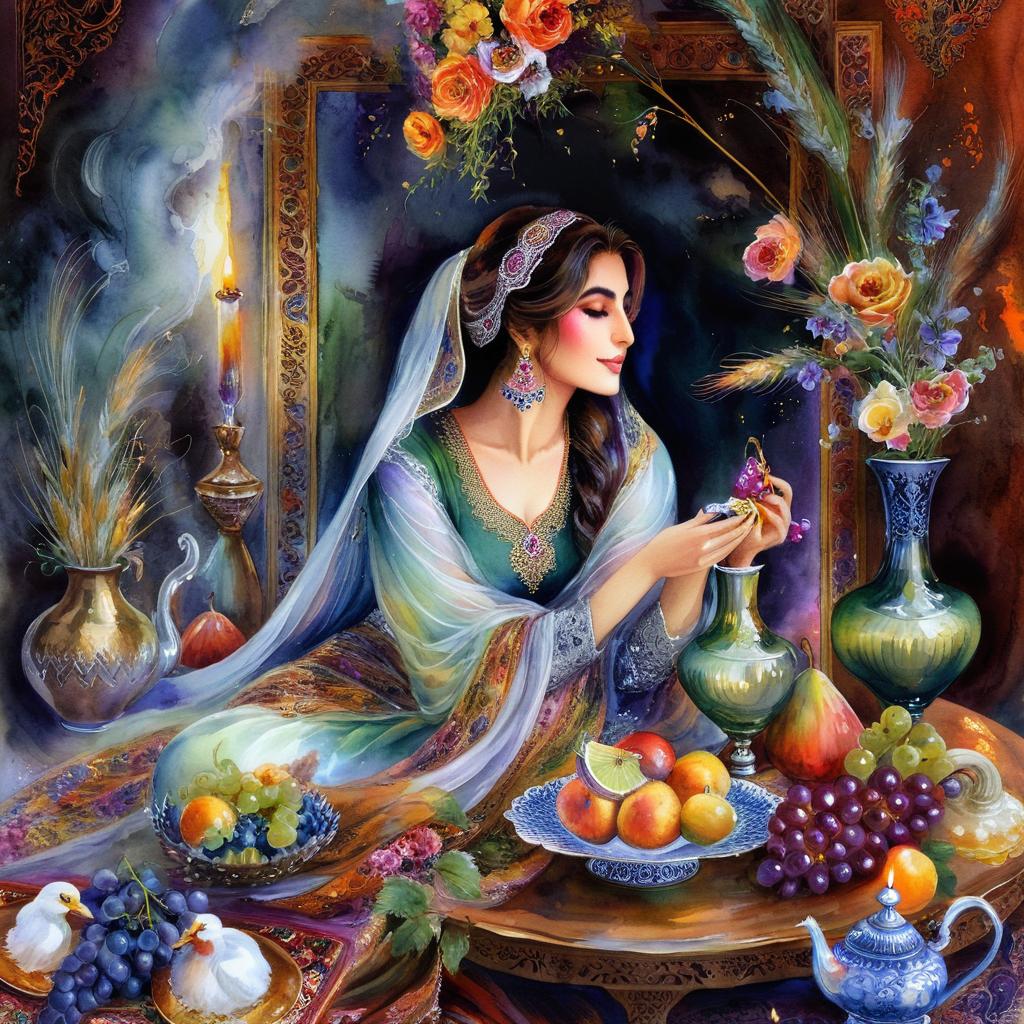 Mystical and spiritual watercolor painting of a beautiful Iranian woman sitting indoors, next to a table with fruit and grape dishes, traditional vases and colorful flowers, Eid greenery, traditional mirror, beautiful candles, small sweets in beautiful dishes, Iranian Nowruz table, Iranian silk carpet, green wheat ears in a traditional jar