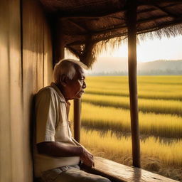 An older man on his porch, immersed in the sight of the sun setting over golden rice fields, photographed with a standard lens on a digital mirrorless camera, emphasizing natural colors and textures.