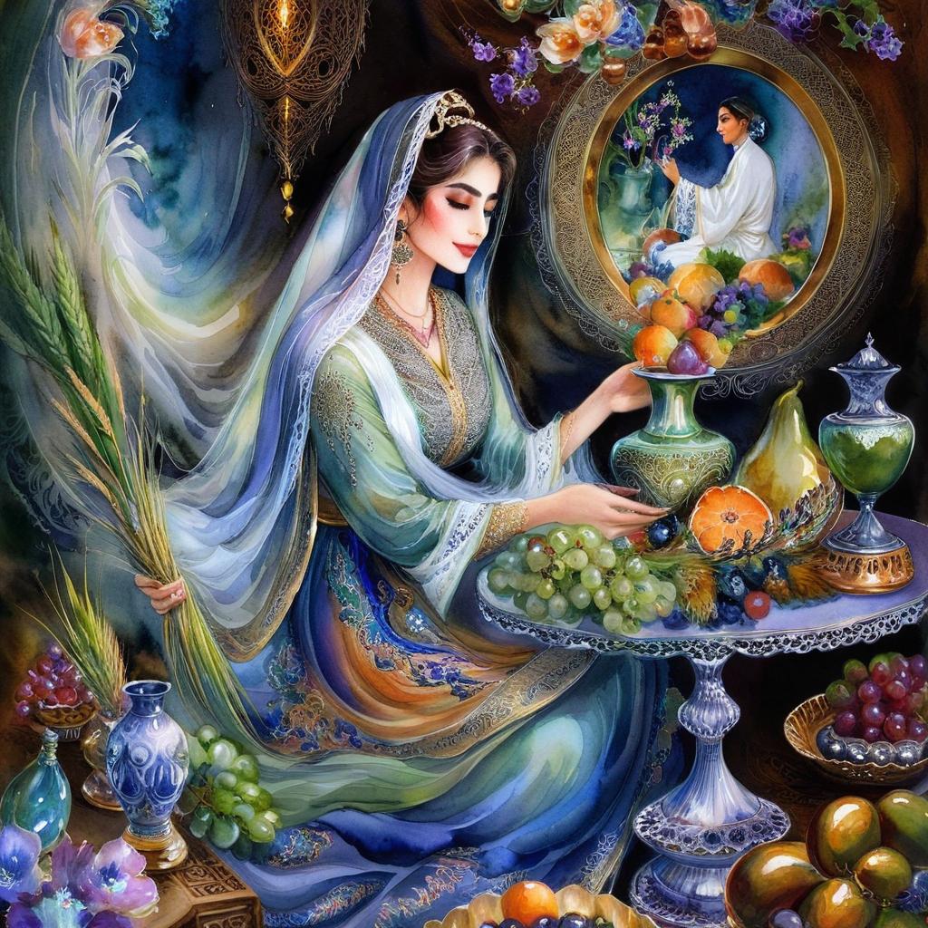Mystical and spiritual watercolor painting of a beautiful Iranian woman sitting indoors, next to a table with fruit and grape dishes, traditional vases and colorful flowers, Eid greenery, traditional mirror, beautiful candles, small sweets in beautiful dishes, Iranian Nowruz table, Iranian silk carpet, green wheat ears in a traditional jar