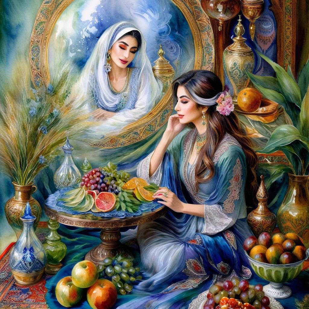 Mystical and spiritual watercolor painting of a beautiful Iranian woman sitting indoors, next to a table with fruit and grape dishes, traditional vases and colorful flowers, Eid greenery, traditional mirror, beautiful candles, small sweets in beautiful dishes, Iranian Nowruz table, Iranian silk carpet, green wheat ears in a traditional jar