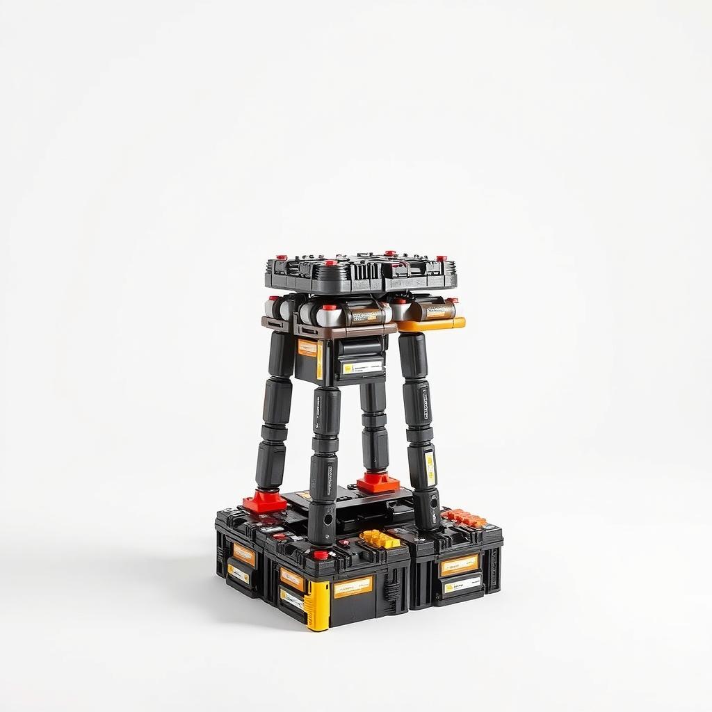 A surrealistic image of a bar stool creatively designed using car batteries