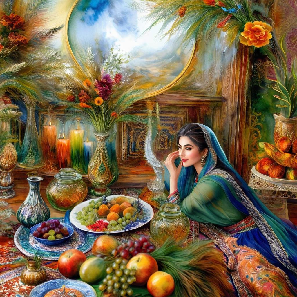 Mystical and spiritual watercolor painting of a beautiful Iranian woman sitting indoors, next to a table with fruit and grape dishes, traditional vases and colorful flowers, Eid greenery, traditional mirror, beautiful candles, small sweets in beautiful dishes, Iranian Nowruz table, Iranian silk carpet, green wheat ears in a traditional jar