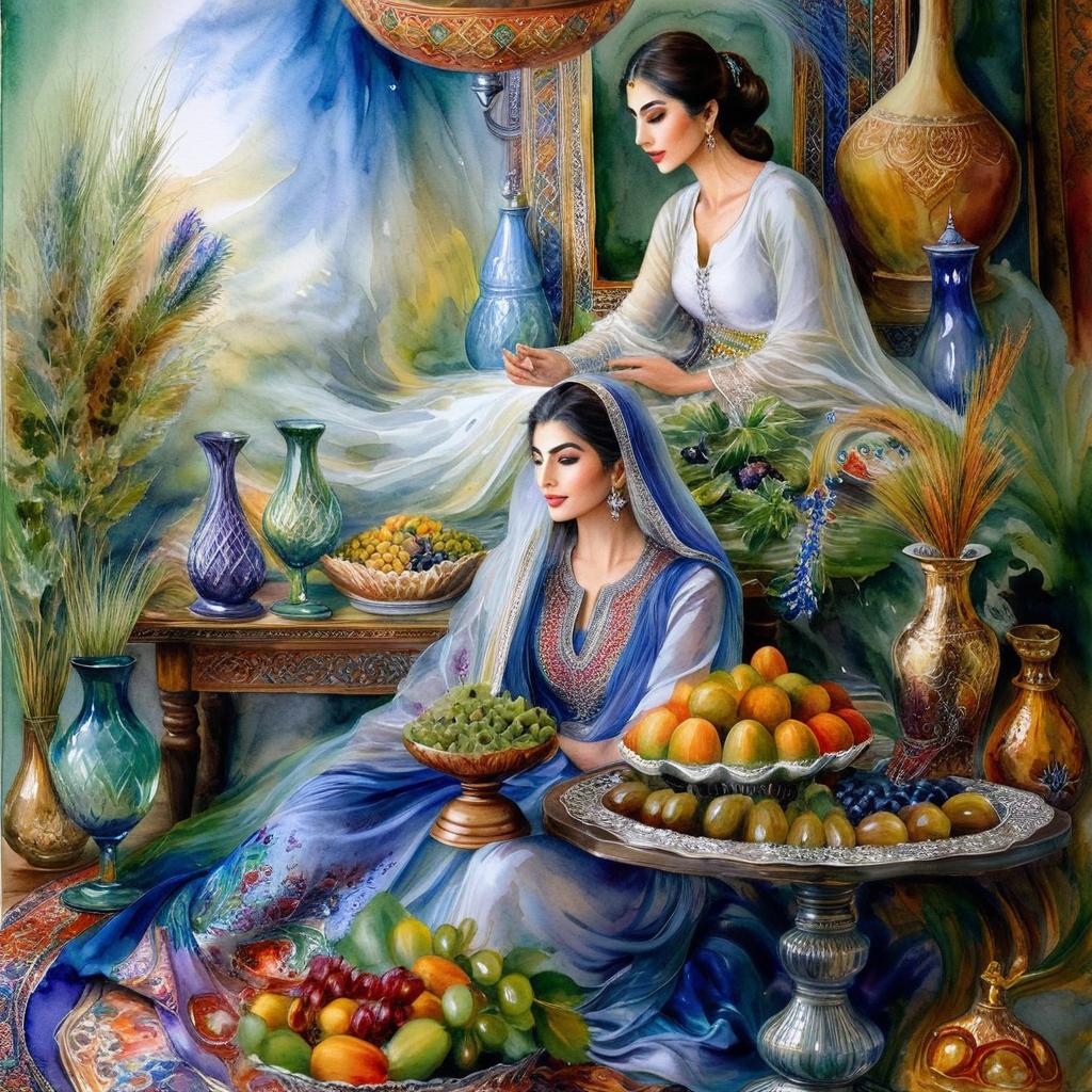 Mystical and spiritual watercolor painting of a beautiful Iranian woman sitting indoors, next to a table with fruit and grape dishes, traditional vases and colorful flowers, Eid greenery, traditional mirror, beautiful candles, small sweets in beautiful dishes, Iranian Nowruz table, Iranian silk carpet, green wheat ears in a traditional jar