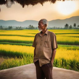 An older man on his porch, immersed in the sight of the sun setting over golden rice fields, photographed with a standard lens on a digital mirrorless camera, emphasizing natural colors and textures.