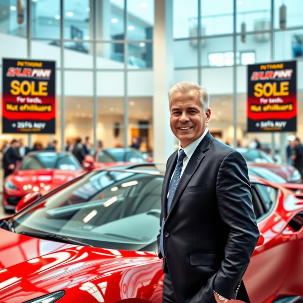 A dynamic and captivating scene of a confident car salesman at an elegant automotive dealership