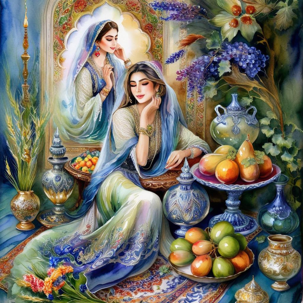Mystical and spiritual watercolor painting of a beautiful Iranian woman sitting indoors, next to a table with fruit and grape dishes, traditional vases and colorful flowers, Eid greenery, traditional mirror, beautiful candles, small sweets in beautiful dishes, Iranian Nowruz table, Iranian silk carpet, green wheat ears in a traditional jar