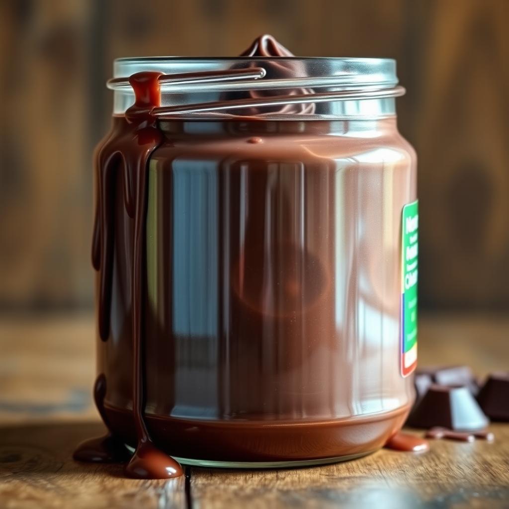 A clear plastic jar filled with rich, smooth chocolate, showcasing its velvety texture
