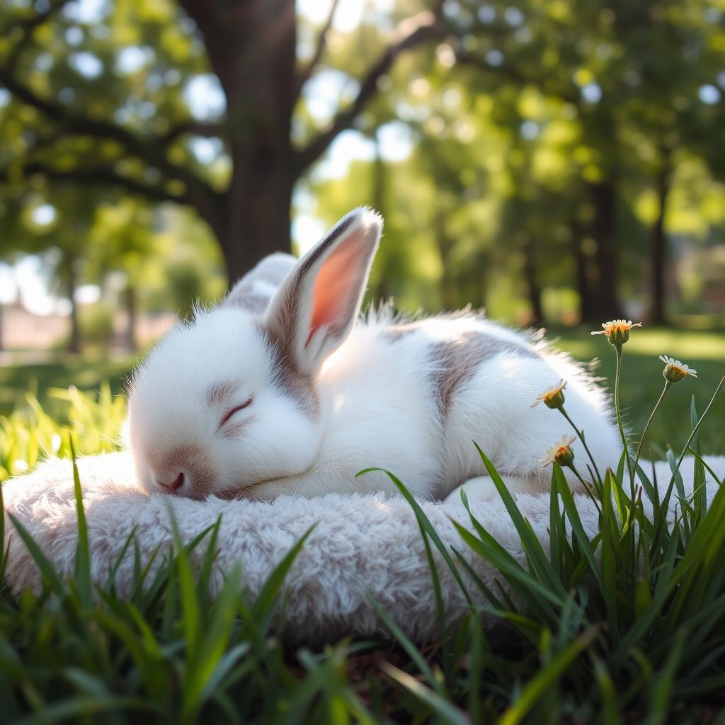 A cute, fluffy bunny peacefully sleeping on a soft patch of grass