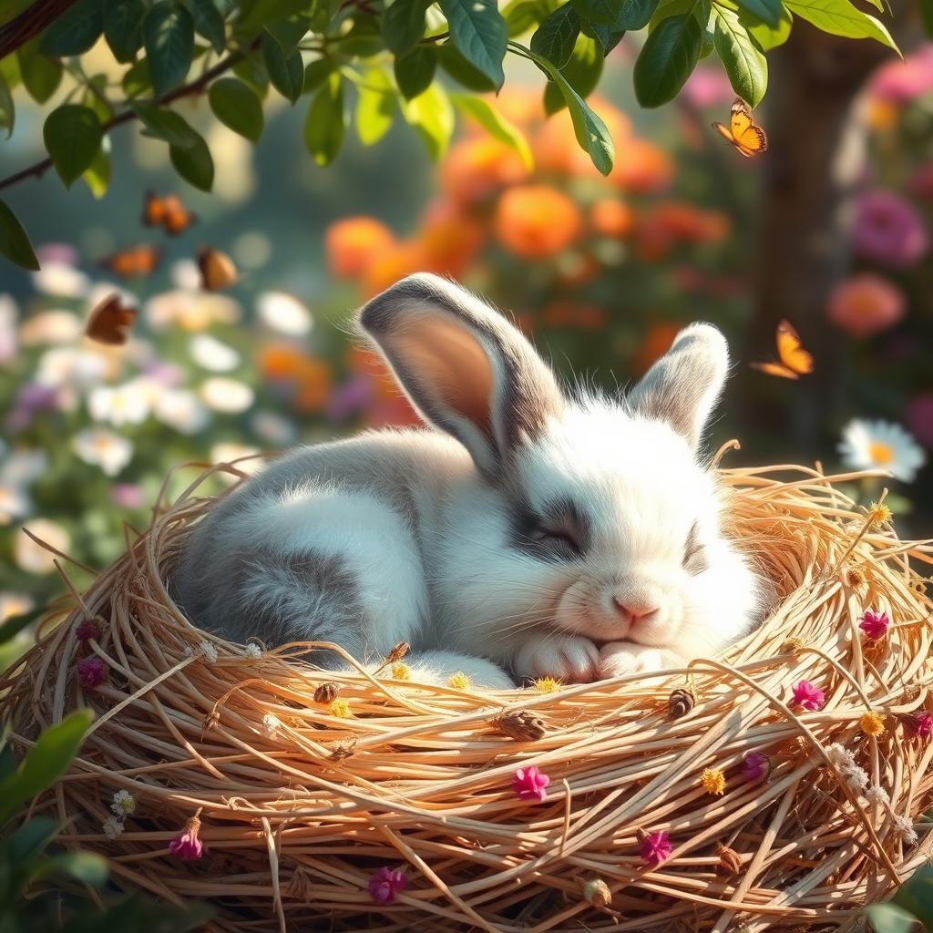 A cute, fluffy bunny peacefully sleeping in a cozy nest made of soft straw and dried flowers, surrounded by gentle light filtering through the leaves of nearby trees