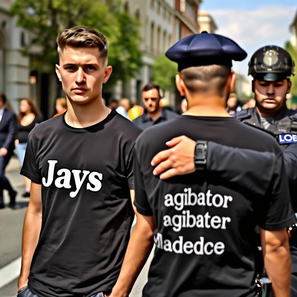 A serious young man wearing a T-shirt with the word 'Jays' prominently displayed