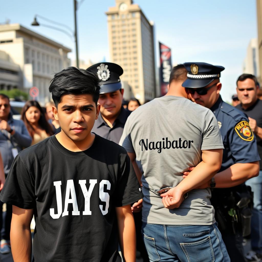 A serious young man wearing a T-shirt with the word 'Jays' prominently displayed