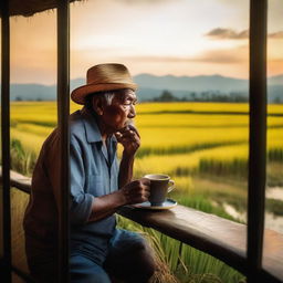 An image of an older man on his porch, engrossed in the beauty of a sunset over golden rice fields, sipping coffee and smoking, captured with a standard lens on a digital mirrorless camera, emphasizing natural colors and textures.