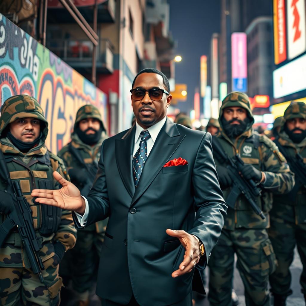 A vibrant fusion of pop culture and political imagery: P Diddy, exuding charisma in a stylish suit, is portrayed in a dynamic urban setting, surrounded by colorful graffiti